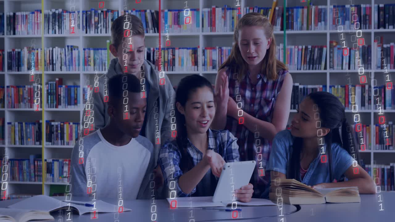 Lead student tapping tablet, peers leaning, binary falling over table, working on school project