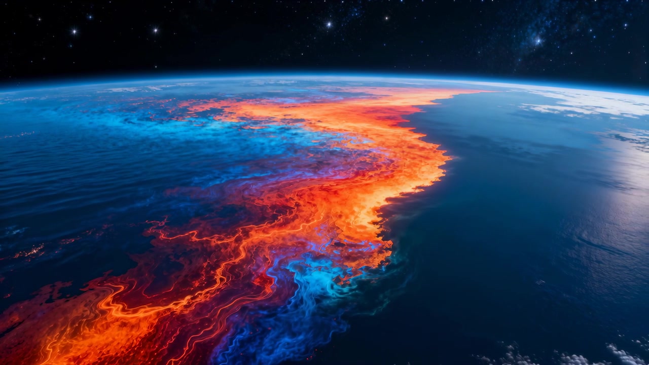 Shifting luminous band rippling along orbital horizon above ocean, internal flow brightening colors