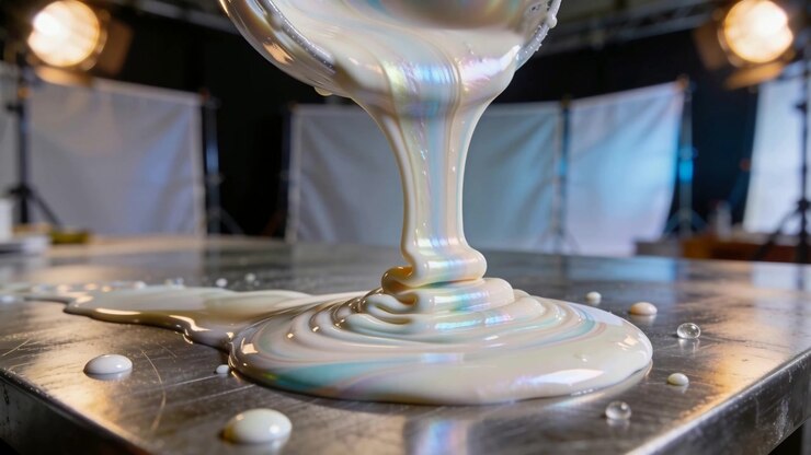 Tipping cup pouring thick pearly liquid forming banded mound on steel plate for shoot, with lights