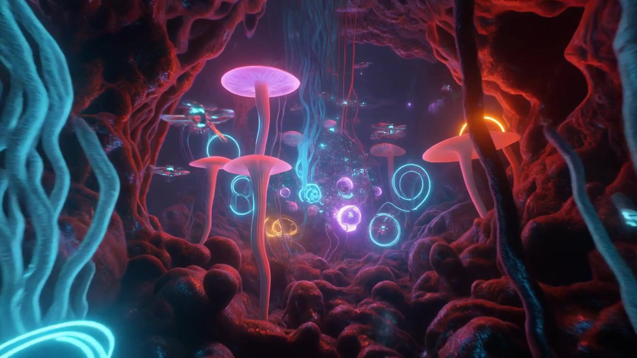 Bioluminescent Alien Forest with Glowing Mushrooms and Floating Rings