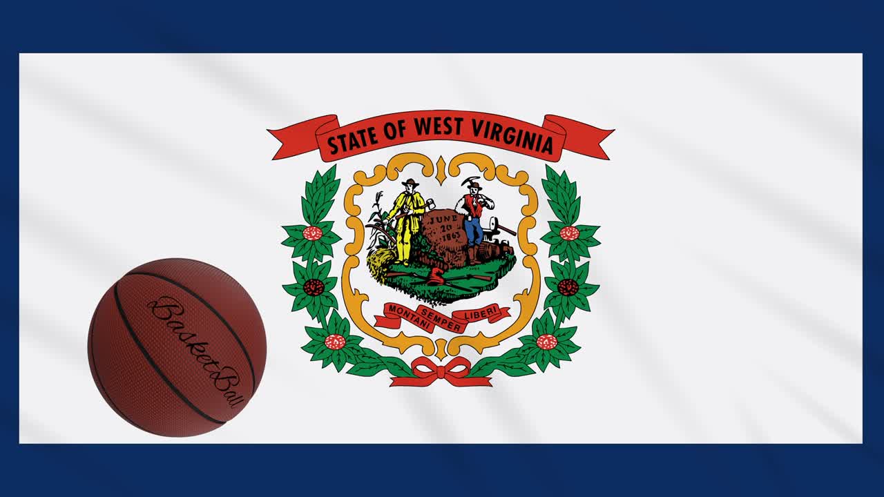 la bandera de virginia occidental agitando y la pelota de baloncesto girando, bucle