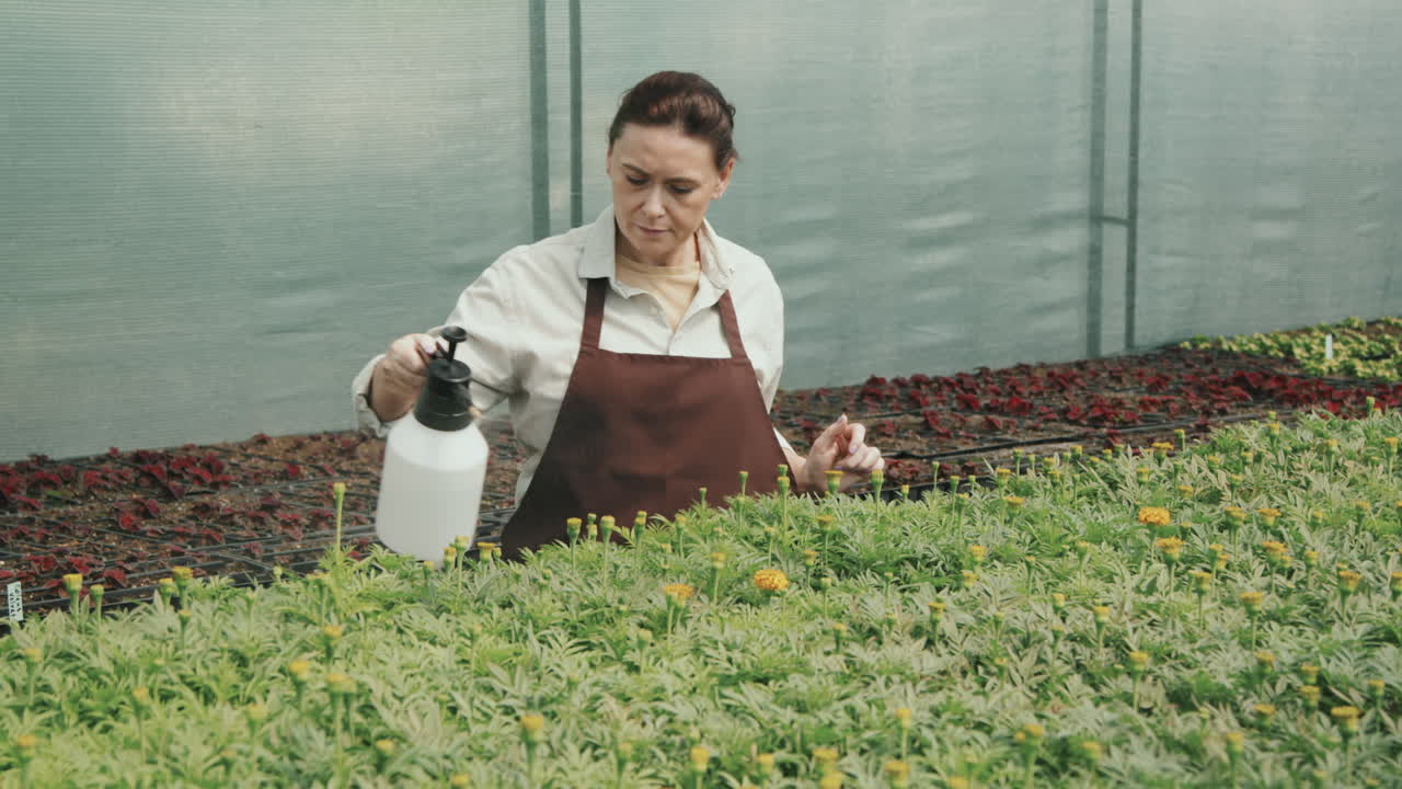 mujer regando flores en el invernadero