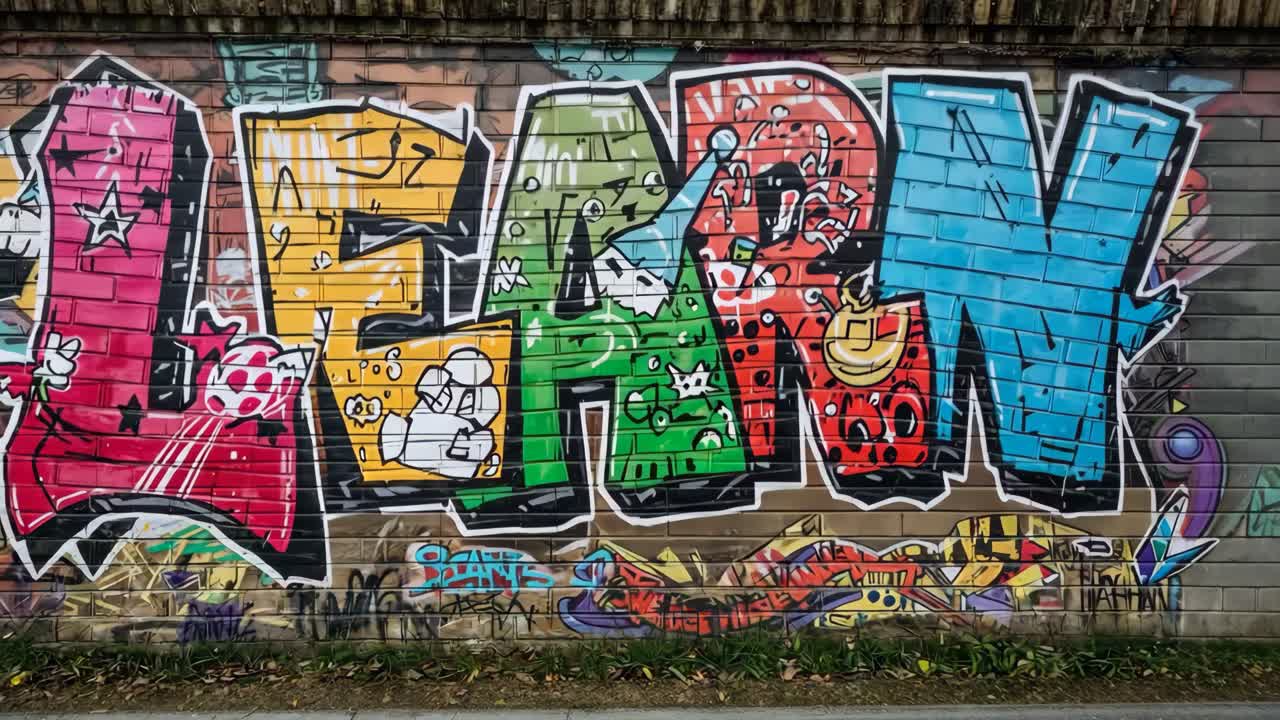Graffiti colorati su un muro di mattoni