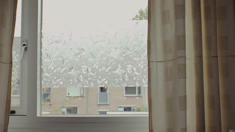 calm indoor view through a window with patterned frosted glass in the netherlands. the frame captures curtains, soft daylight, and subtle architectural details in a quiet residential neighborhood