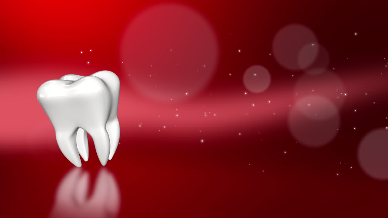 Rotating 3D model of tooth on red abstract background with particles. Looped dental animation for dental clinic.