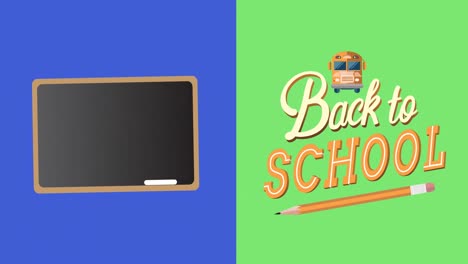 Back-to-school-text-banner-and-wooden-slate-against-green-and-blue-background