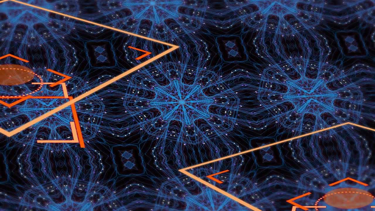 animación de formas geométricas caleidoscópicas azules y naranjas sobre un fondo oscuro