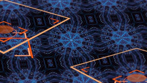 Animation-of-blue-kaleidoscopic-and-orange-geometrical-shapes-over-dark-background