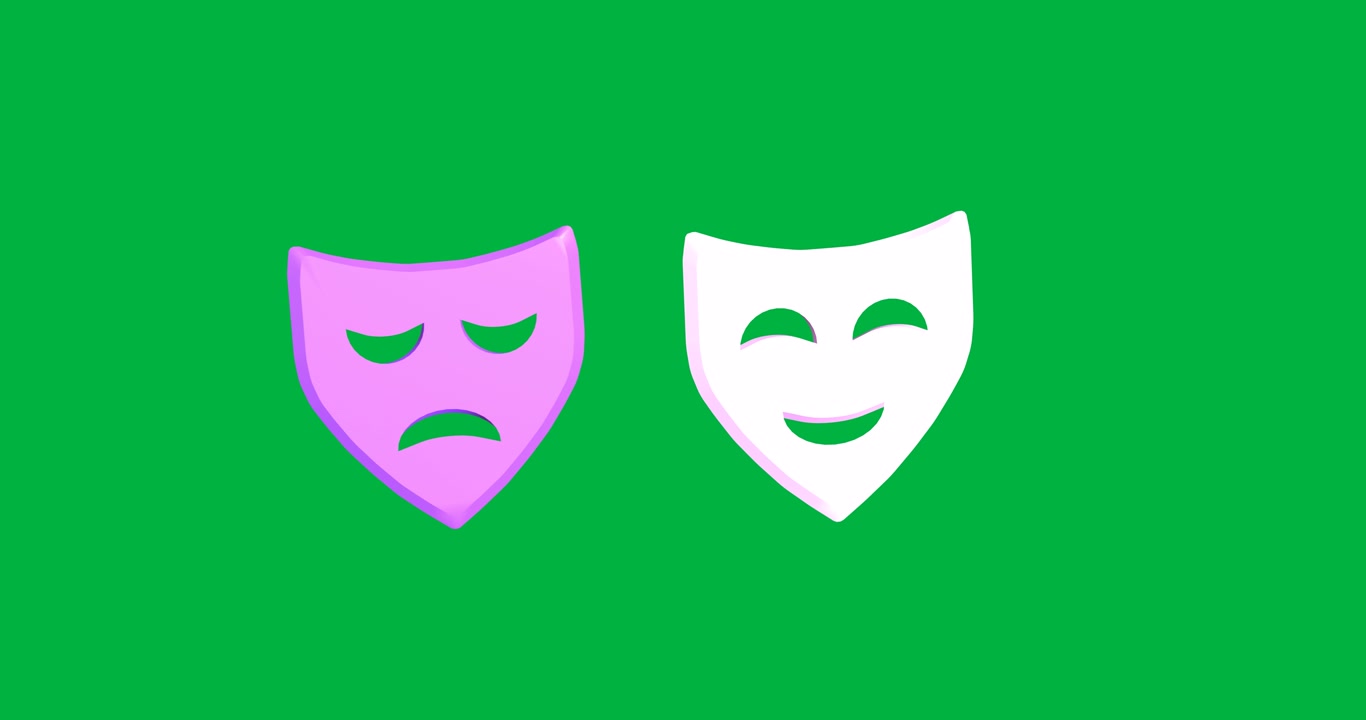Animazione di maschere teatrali viola e bianche che si muovono su sfondo trasparente