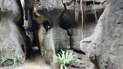 Moving-into-strange-rock-formations-in-Rammang-Rammang,-Makassar,-Indonesia