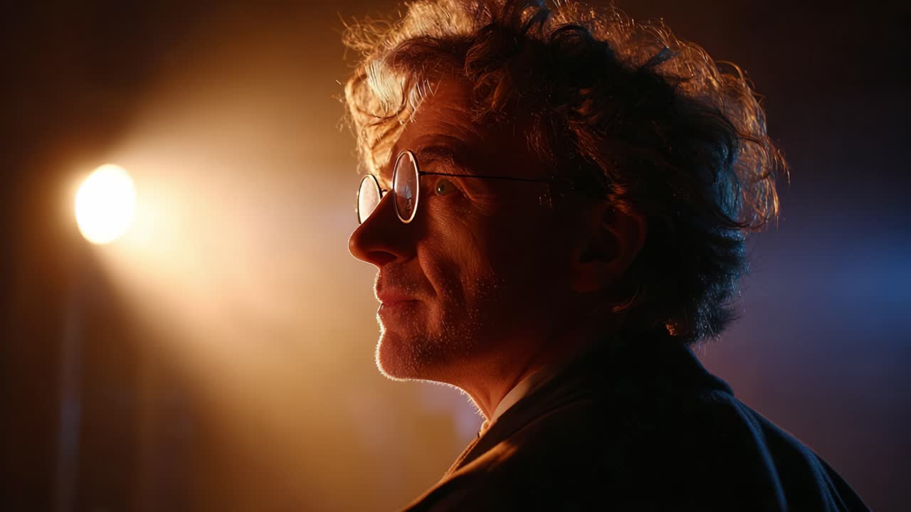 A captivating silhouette of an intellectual figure illuminated by dramatic stage lights, showcasing a moment of introspection and deep thought in a theatrical setting