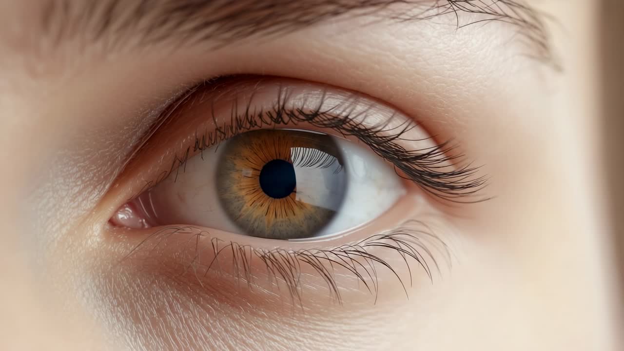 Human eye staying open after focus sharpening in closeup skin background, revealing iris and lashes