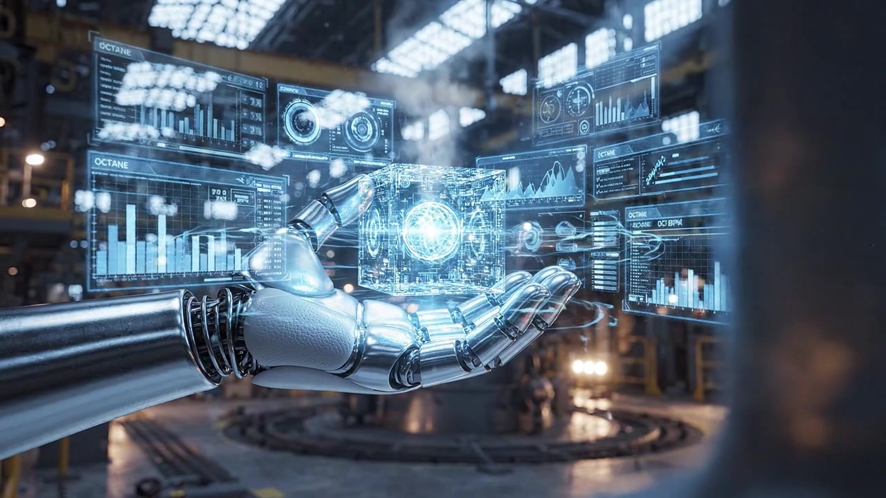 A futuristic industrial scene showcasing a robotic hand holding a glowing technological cube, embodying modern advancements in automation and artificial intelligence.