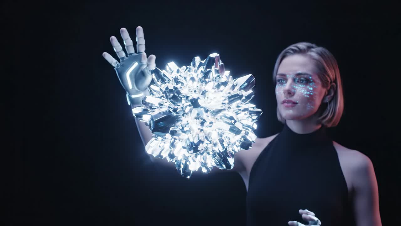 Futuristic Woman Interacting with Holographic Technology