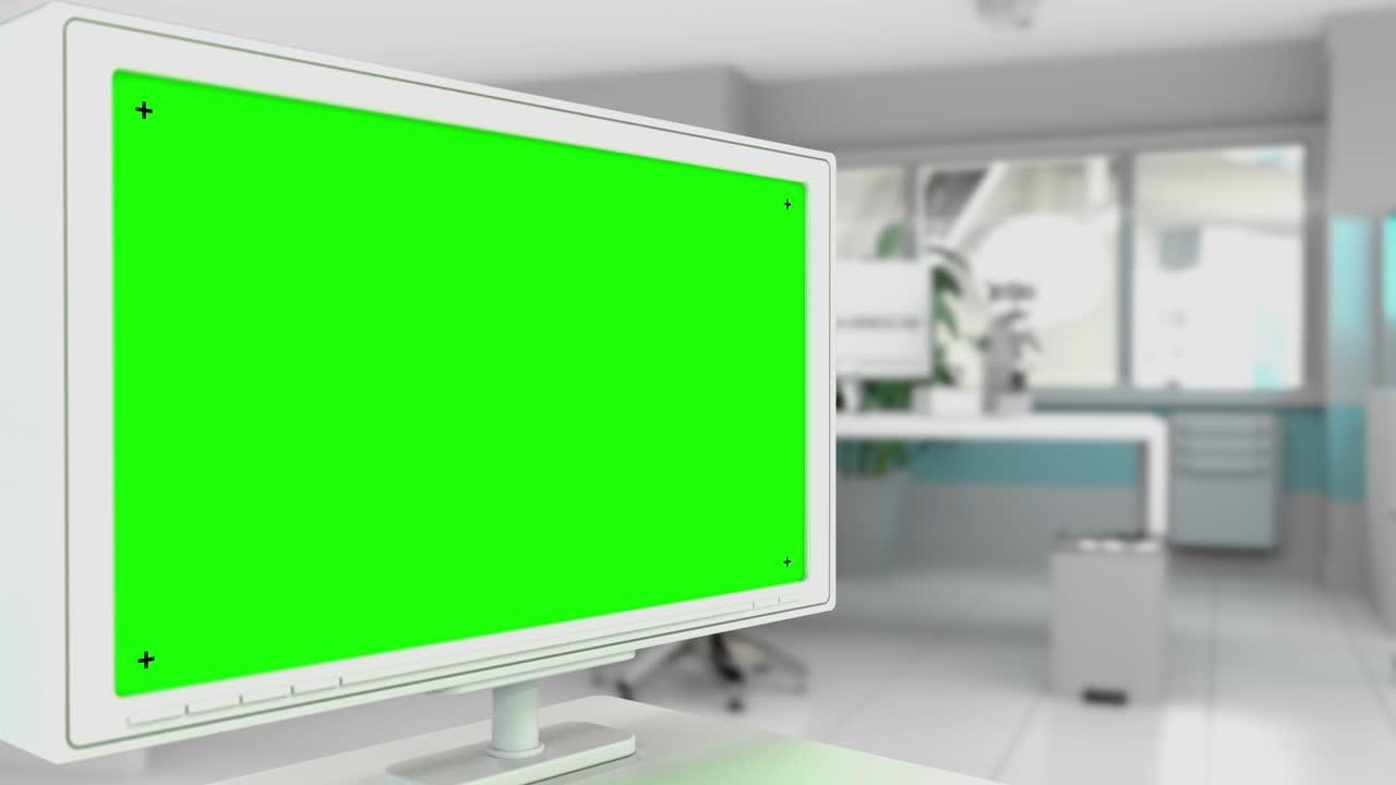 초록색 화면의 모니터와 하이테크 사무실, 가상의