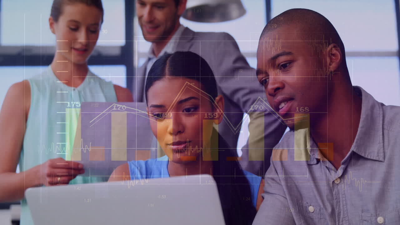 Animation of financial data processing over diverse business people in office