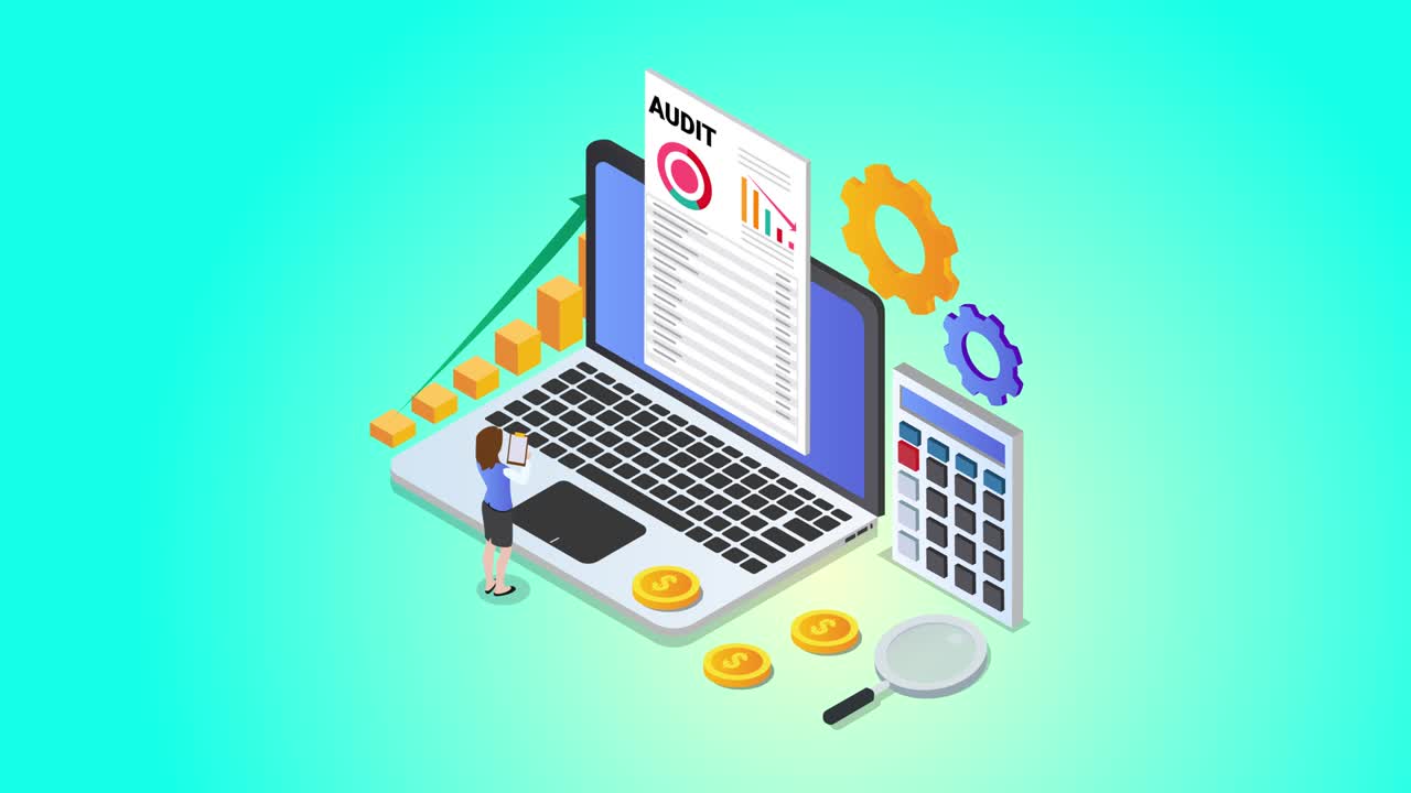 mujer de negocios comprobando el informe de auditoría en la computadora portátil