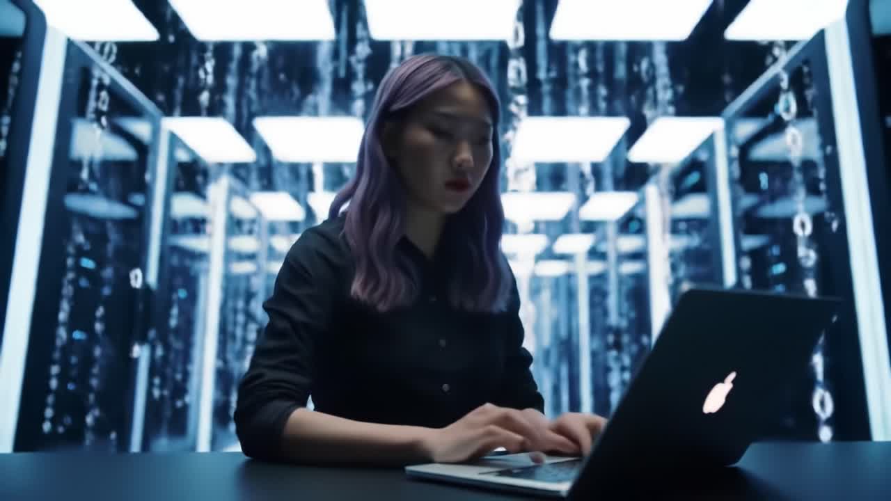 A Focused Programmer with Purple Hair Engages in Deep Coding Within a Futuristic Server Room Surrounded by Streams of Data and Digital Effects