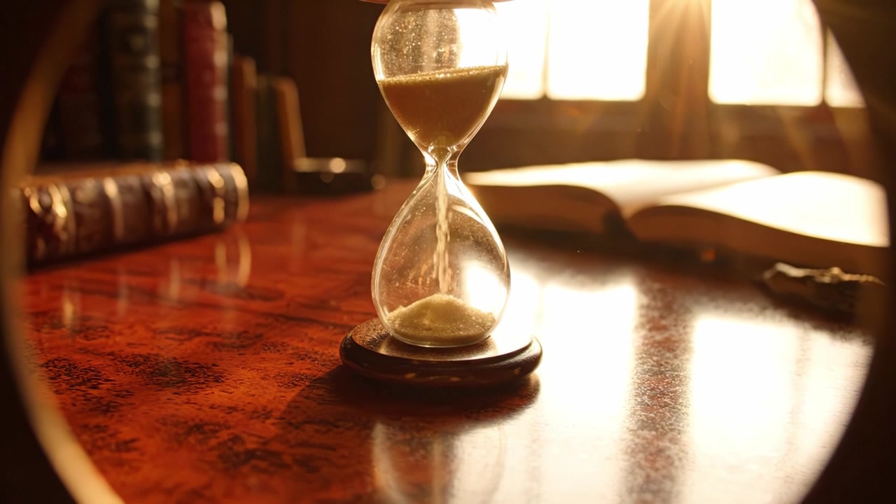 Una clessidra cattura l'essenza del tempo in una stanza illuminata dal sole, simboleggiando il passare e l'importanza dei momenti della vita e la riflessione sulle esperienze transitorie.