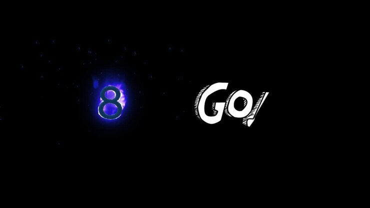 Digital animation of number eight on fire icon and goal text against black background