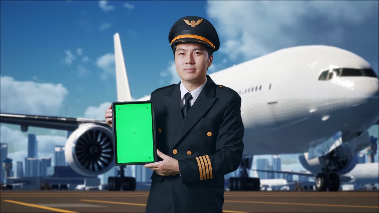 아시아인 조종사가 미소 짓고 녹색 화면 태블릿을 카메라에 보여주면서 배경에 비행기가 있는 공항에 서 있습니다.
