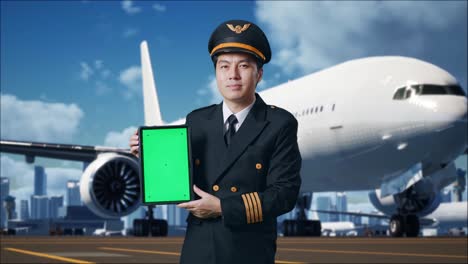 piloto de hombre asiático sonriendo y mostrando la tableta de pantalla verde a la cámara mientras está de pie en el aeródromo con el avión en el fondo