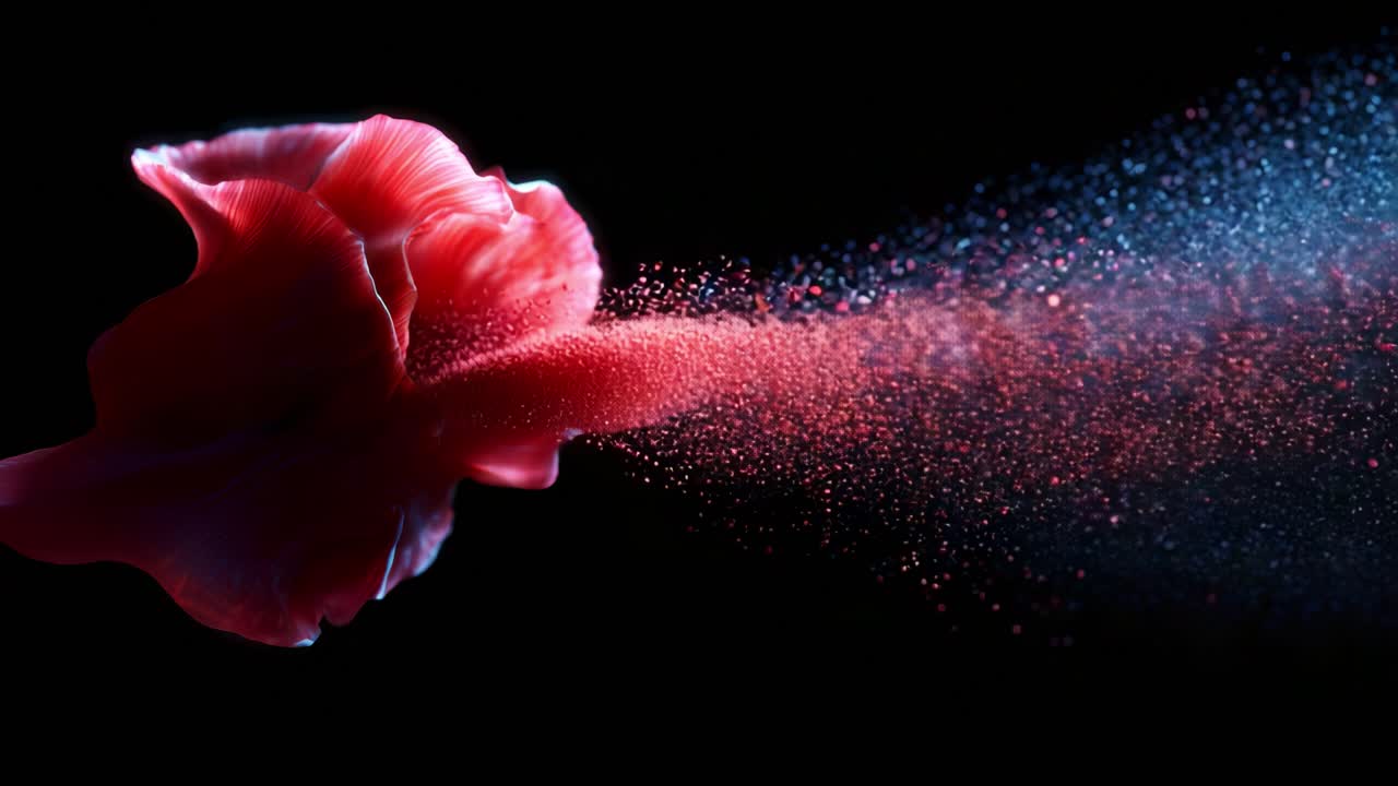 A Stunning Visual of a Red Flower Petal Dispelling Colorful Particles Against a Dark Background, Capturing the Essence of Beauty and Motion in Photography