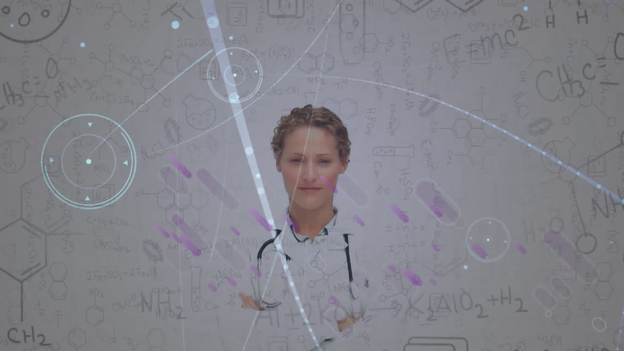 백인 여성 의사에 대한 화학 구조 및 데이터 처리 애니메이션