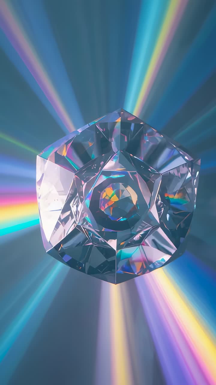Vertical video: Rotating crystal at start showing circular cavity and refracting prism rays on teal