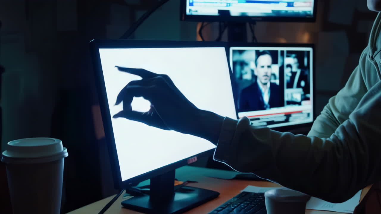 Person reviewing data on multiple computer monitors at night