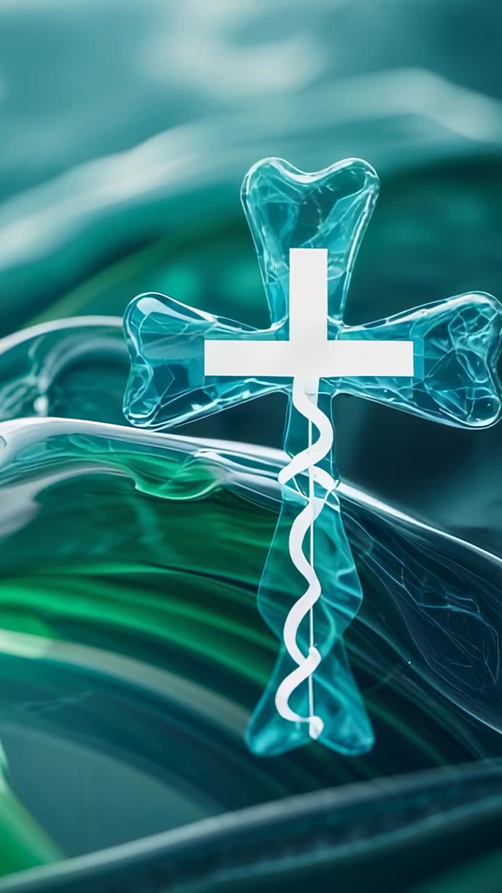 Vertical video: Opening showing aqua cross plus-sign spiral-tail hovering in rippling teal fluid