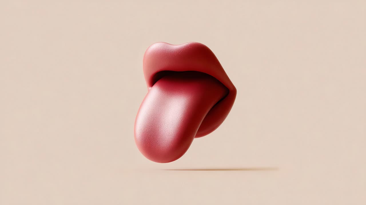 3D formatında bir dil ve dudakların gerçeküstü ve eğlenceli bir temsili, yumuşak bej bir arka plana karşı dokusal nitelikleri ve parlak yüzeyi vurguluyor