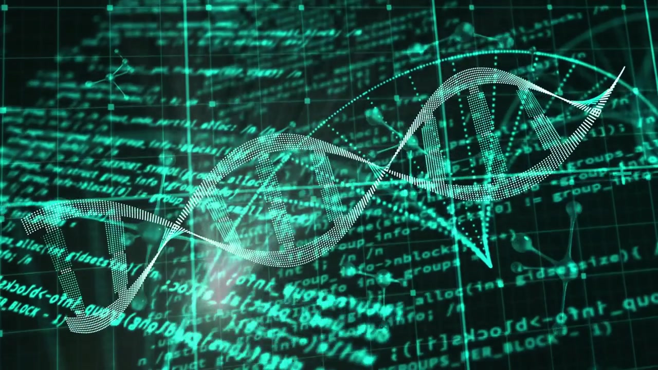 Teal dotted double-helix oscillating, rotating over grid, responding to right-node flare for data