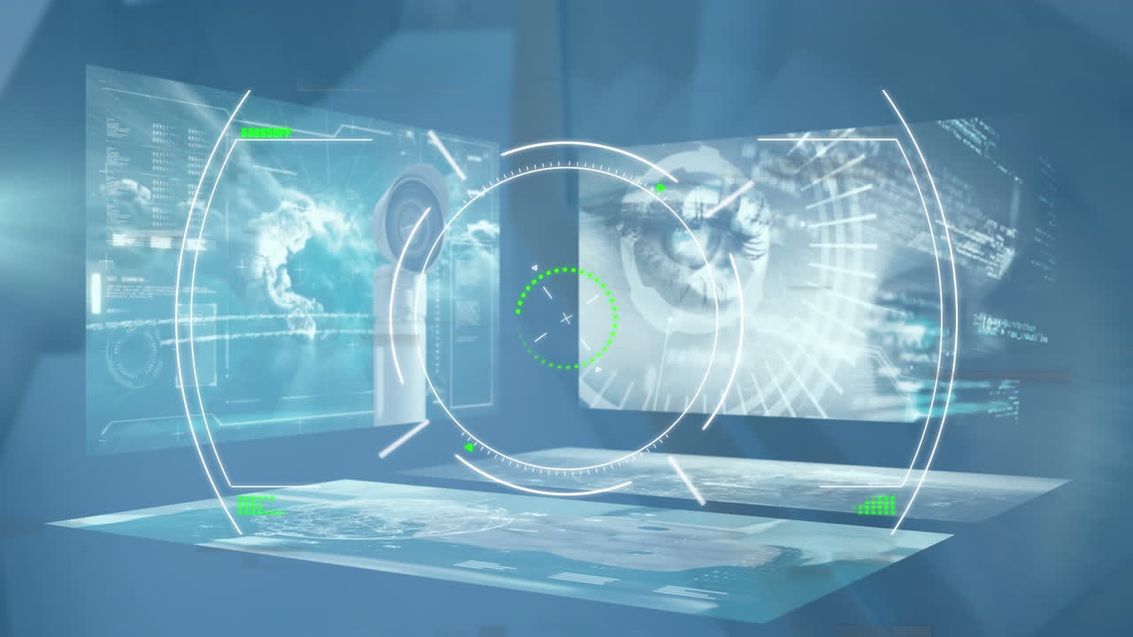 화면에 있는 데이터와 배경에 있는 보안 카메라에 대한 타 ⁇ 팅의 애니메이션