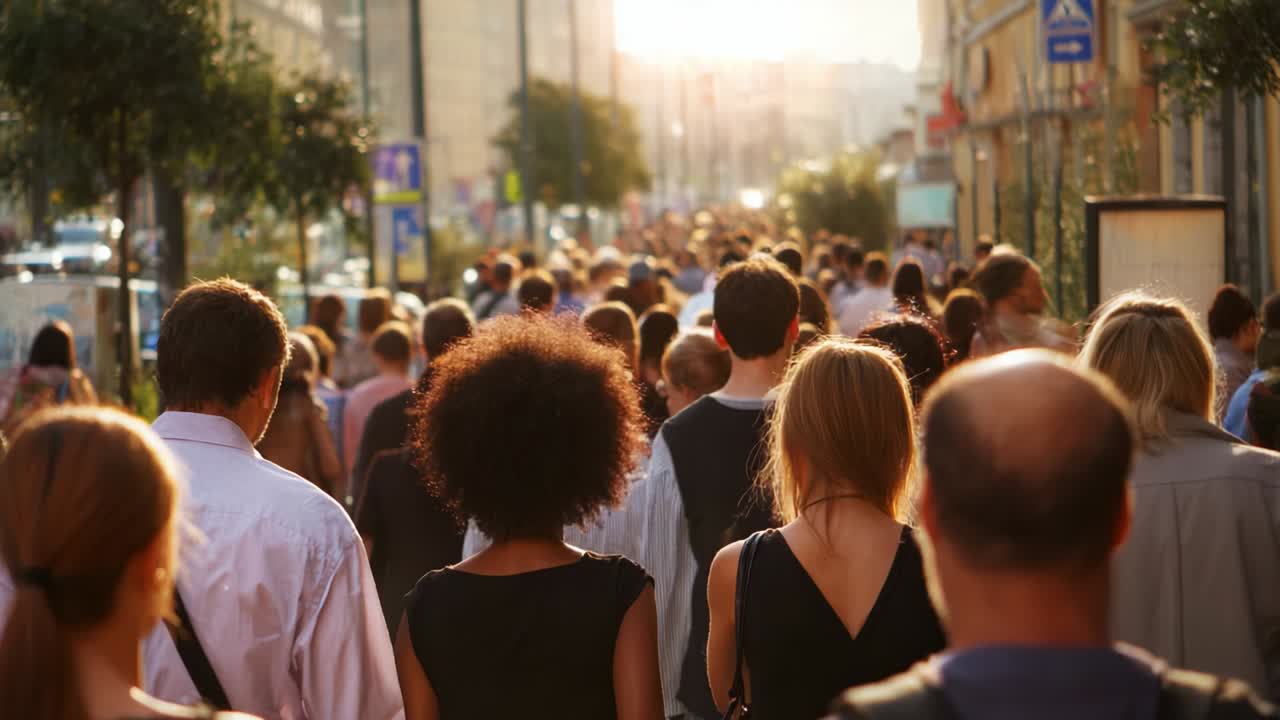 A Busy Urban Street Scene Captured in Two Frames: The Vibrant Life of People Walking Alongside Each Other as They Navigate Their Daily Routine Under a Beautiful Golden Sunset