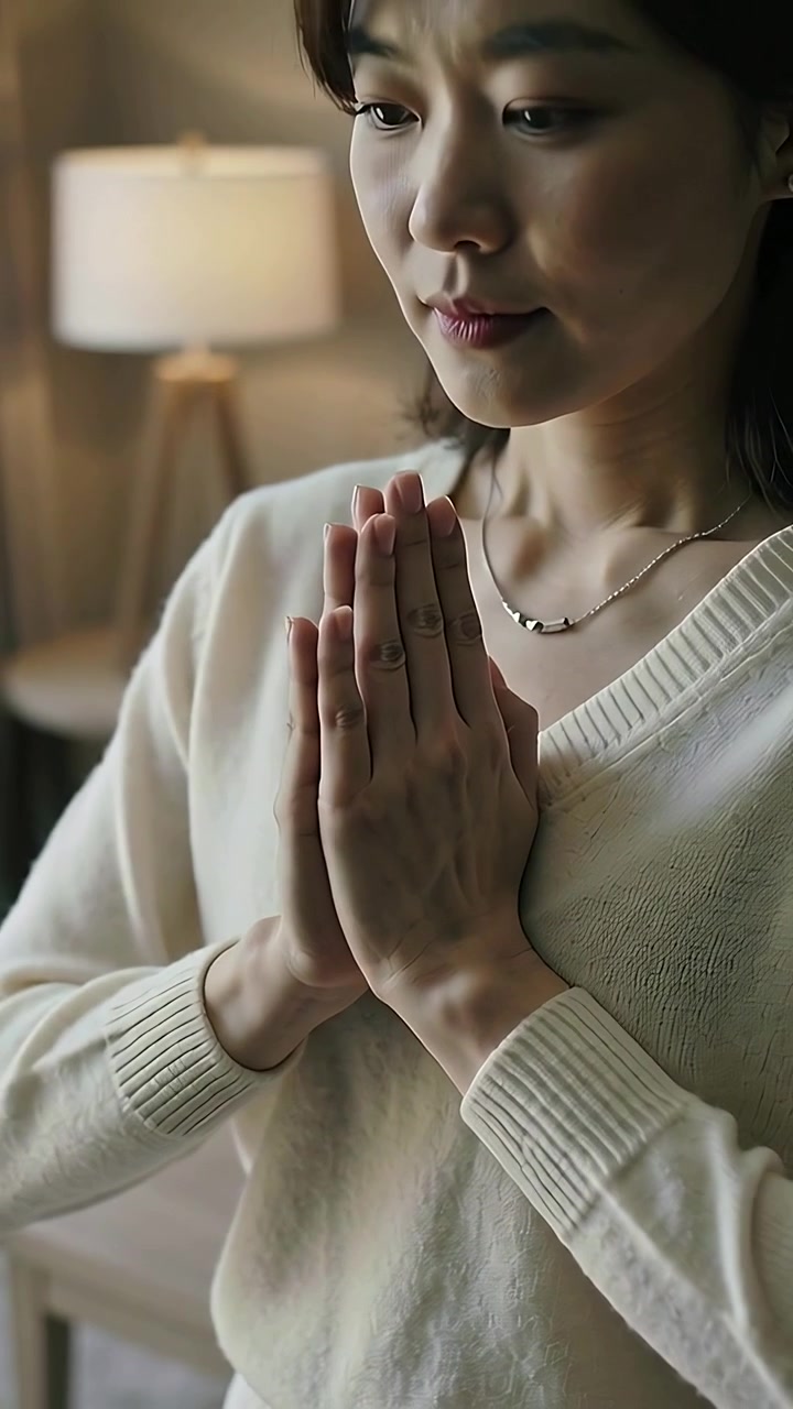 Video vertical: Frotándose las palmas, mujer con suéter color crema meditando en casa, presionando las manos contra el pecho