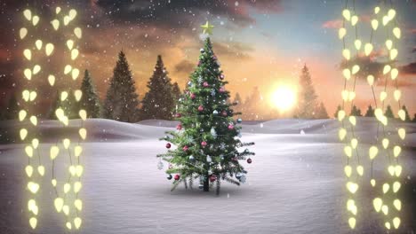 Christmas-tree-and-strings-of-fairy-lights-on-red-background