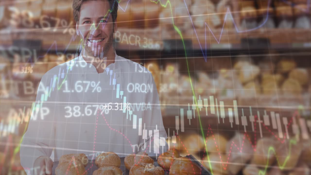 Baker holding tray of rolls in bakery, animated finance charts appearing and showing sales trends