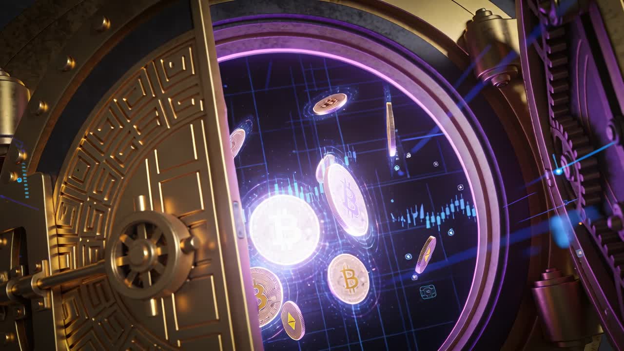 Porta di caveau che si apre, rivelando una camera con token crypto rotanti, un anello viola e ingranaggi.