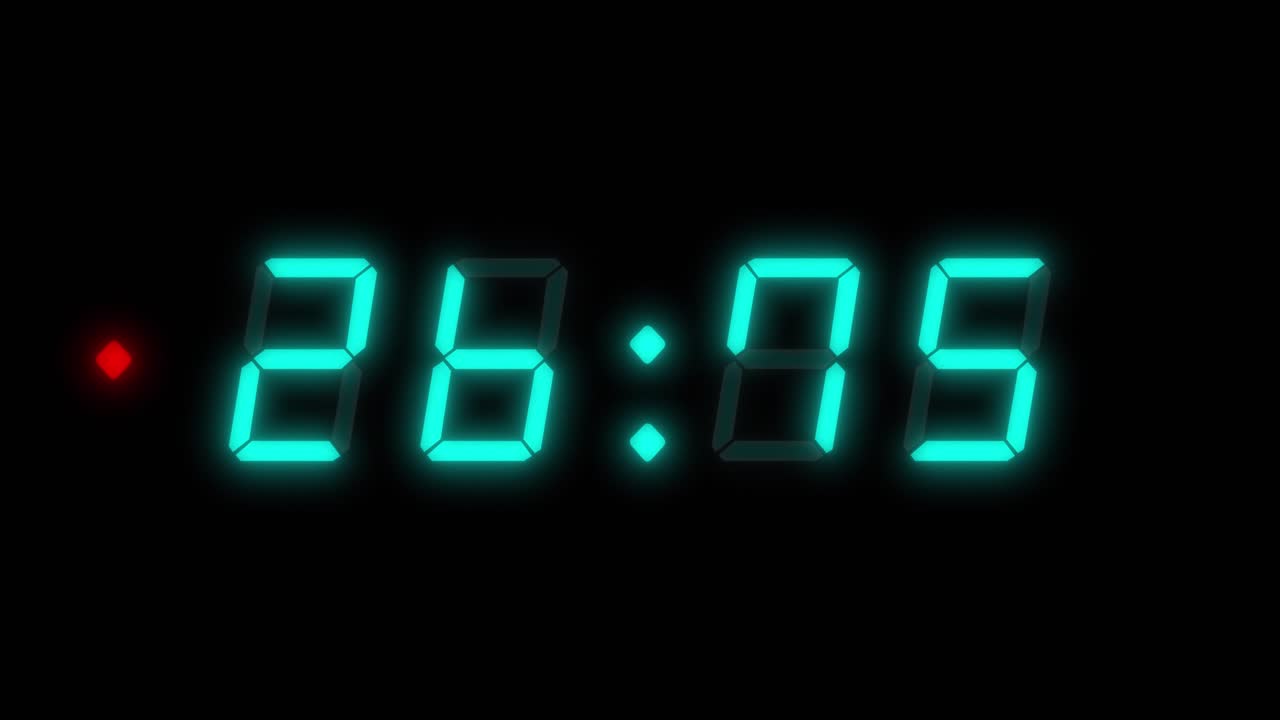 4-digits 30 seconds digital clock countdown timer. Glowing Cyan digits on black background with flashing red light. Retro digital alarm clock.