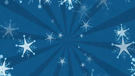 Animation-of-snowflakes-falling-over-stripes-on-blue-christmas-background