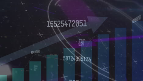 multiple changing numbers floating against statistical data processing on blue background