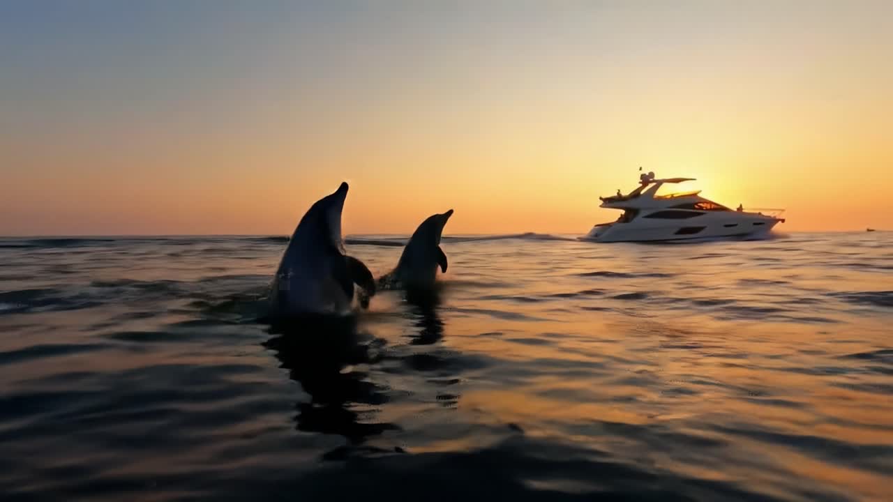 Breathtaking Sunset at Sea: A Luxurious Yacht Sail with Playful Dolphins Leaping Amidst Golden Waves Under the Warm Evening Glow