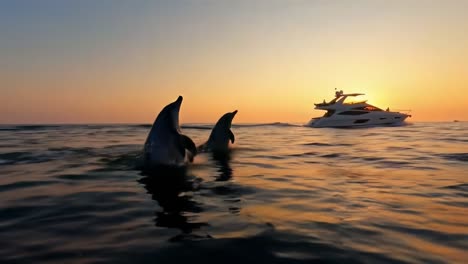 breathtaking sunset at sea: a luxurious yacht sail with playful dolphins leaping amidst golden waves under the warm evening glow