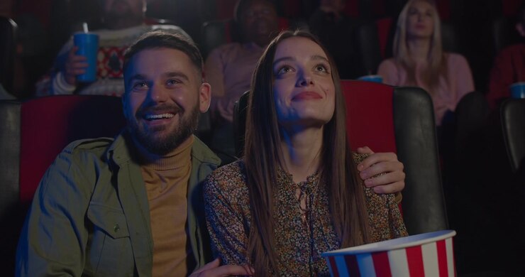 Giovane coppia che guarda un film al cinema