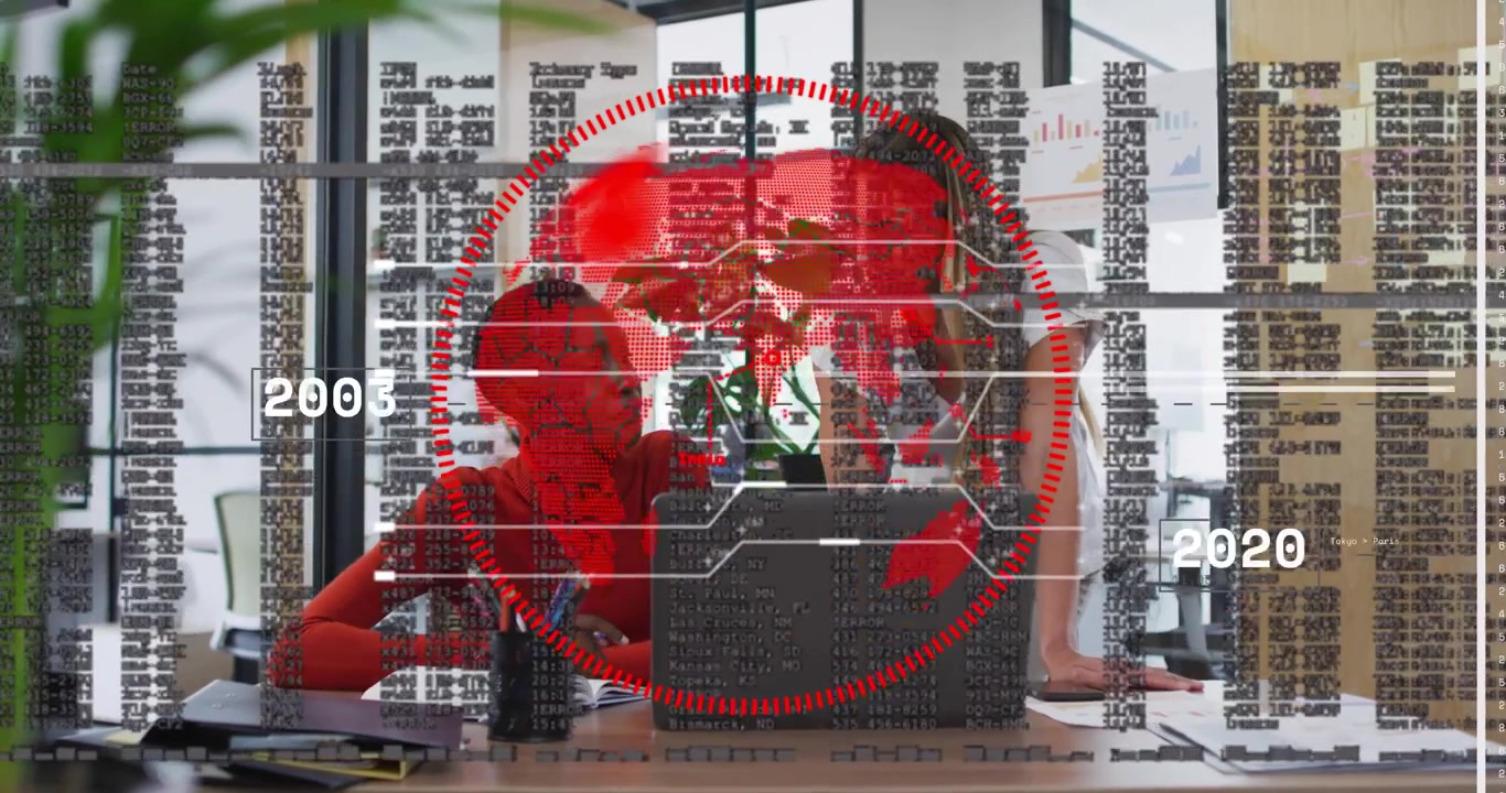 Business colleagues typing on laptop and activating data globe overlay for timeline analysis