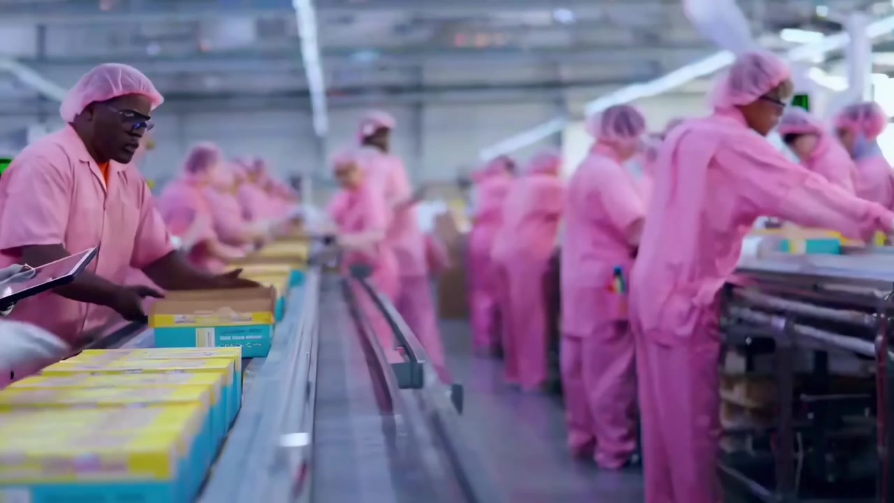 Factory Workers in Pink Uniforms Packaging Products on an Automated Assembly Line