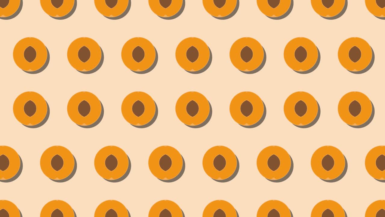 Pattern of animated fruit icons of Apricot on an orange background. Seamless loop food animation with simple stylish repeated elements