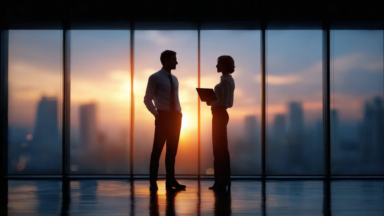 Un momento di connessione: due professionisti in silhouette impegnati in una conversazione sullo sfondo di un fantastico paesaggio urbano al tramonto
