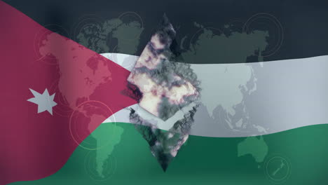 jordan flag with world map and digital data processing animation